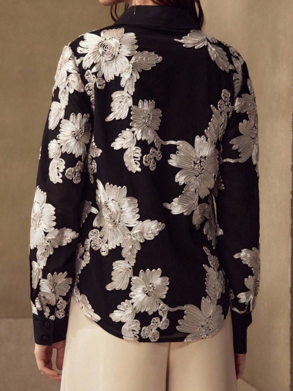 Black Elegant Women's Embroidered Button Up Shirt - Picture 2 of 8